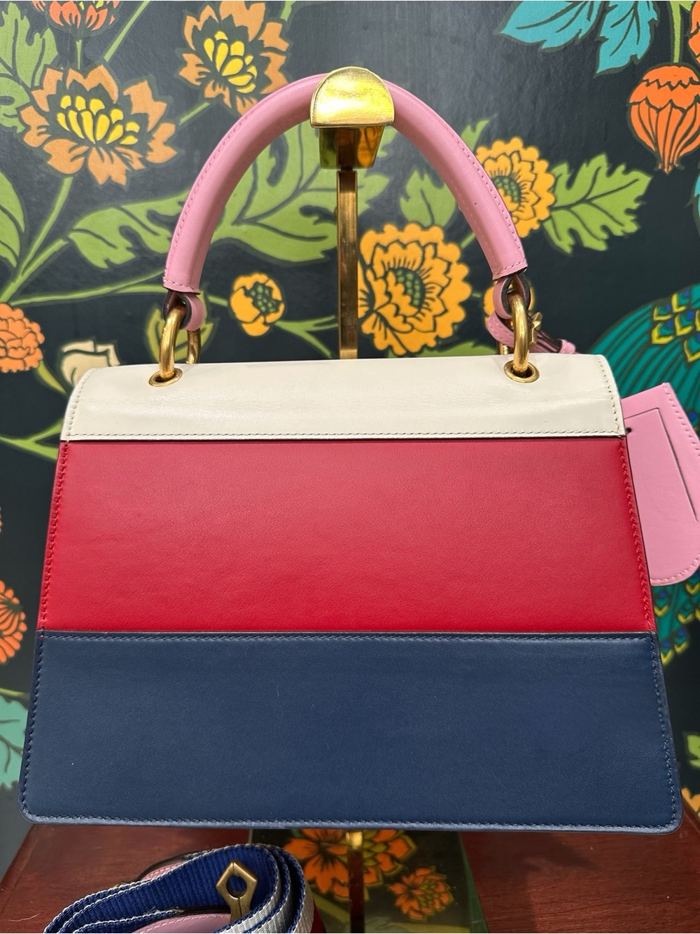Gucci Queen Margaret Bee Top Handle Bag Red Navy Ivory Pink Strap - Picture 10 of 14